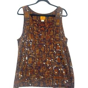 Ruby Rd Women's Tank Top L Brown Blue Snake‎ Print Sequin Sleeveless